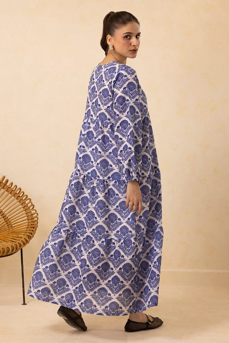 Women's Blue White Diamond Floral Print Slub Lawn Maxi Tunic | Zip-Tie Neckline | Tiered Hem