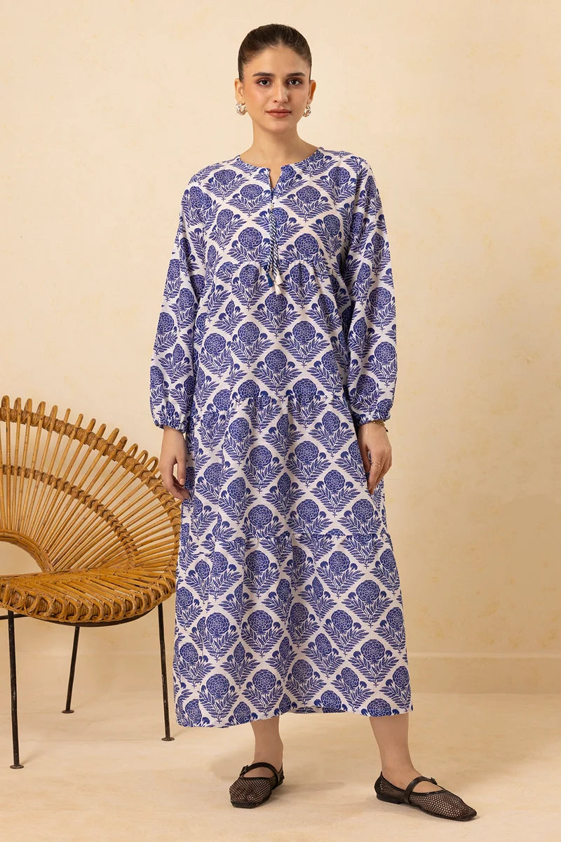 Women's Blue White Diamond Floral Print Slub Lawn Maxi Tunic | Zip-Tie Neckline | Tiered Hem