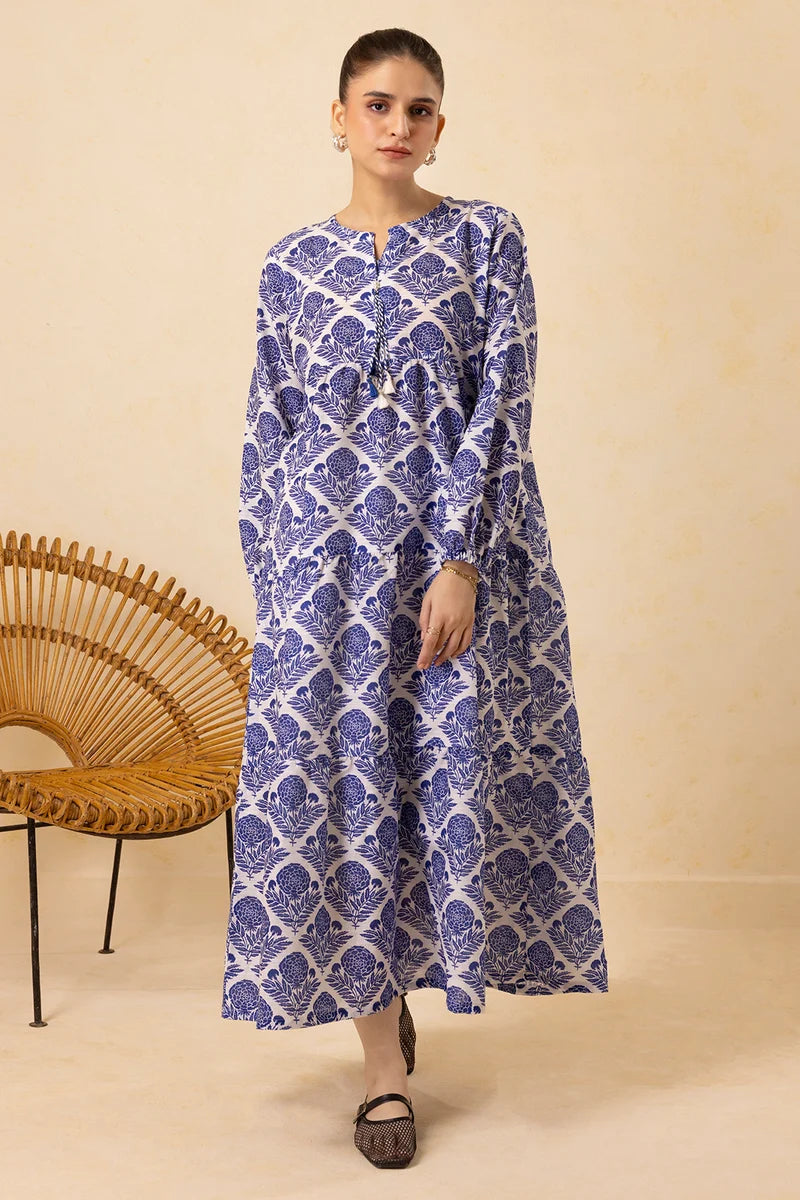 Women's Blue White Diamond Floral Print Slub Lawn Maxi Tunic | Zip-Tie Neckline | Tiered Hem