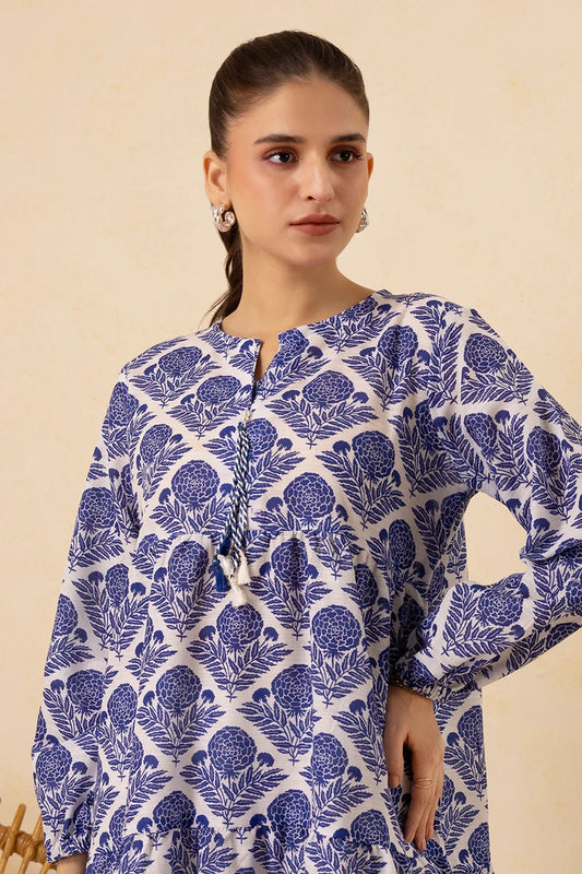 Women's Blue White Diamond Floral Print Slub Lawn Maxi Tunic | Zip-Tie Neckline | Tiered Hem