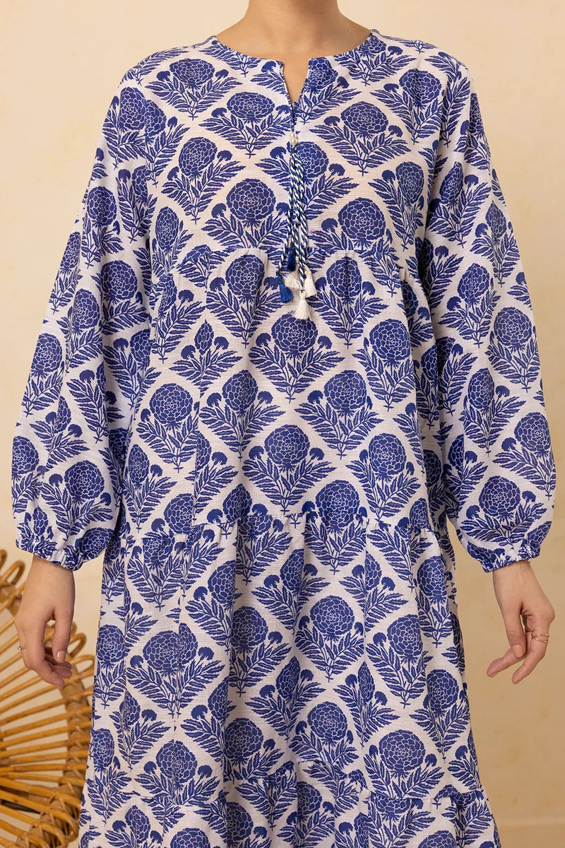 Women's Blue White Diamond Floral Print Slub Lawn Maxi Tunic | Zip-Tie Neckline | Tiered Hem