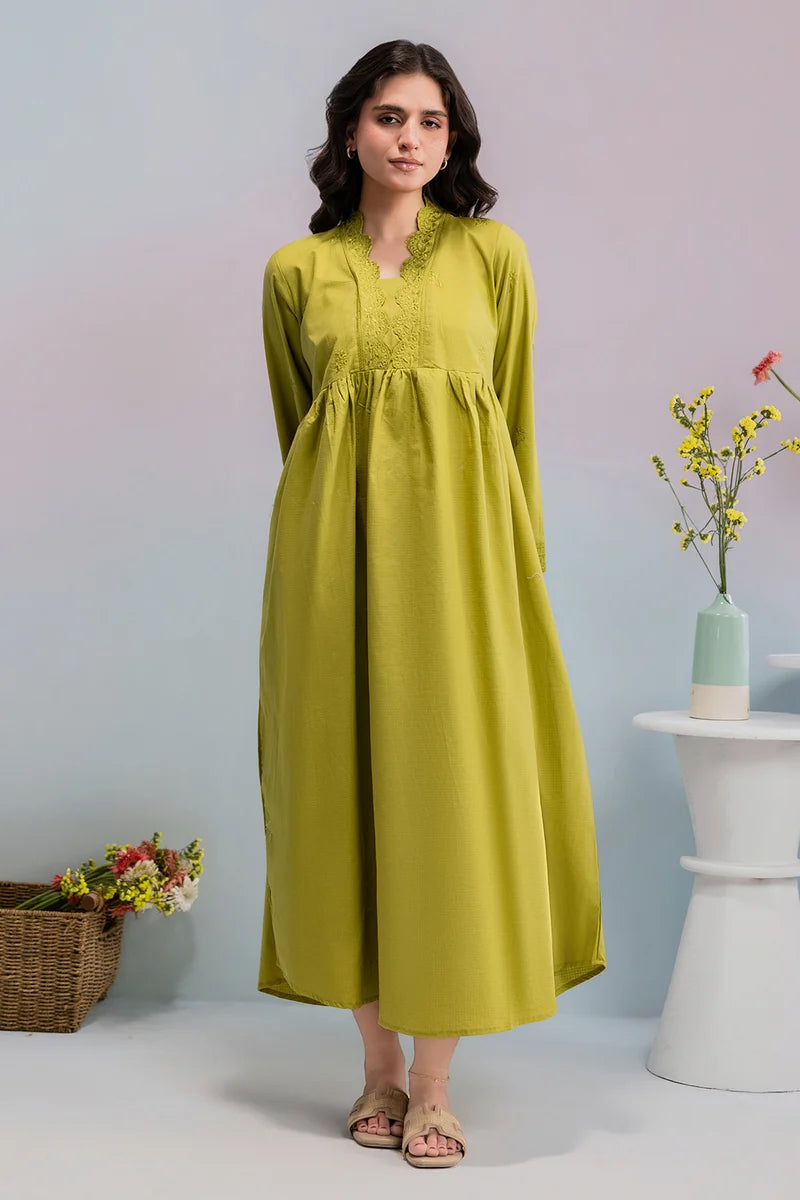 Women's Olive Green Hand-Embroidered Khaddar Maxi Tunic | Scalloped Lace Cuffs | Relaxed Fit