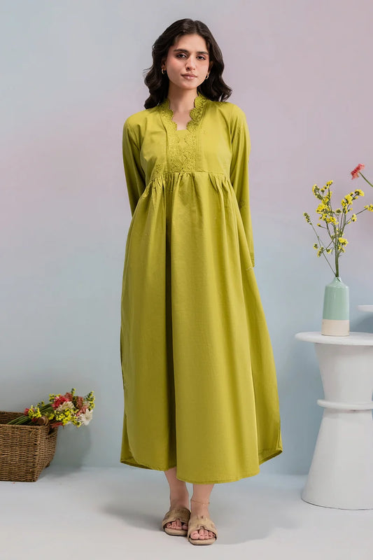 Women's Olive Green Hand-Embroidered Khaddar Maxi Tunic | Scalloped Lace Cuffs | Relaxed Fit