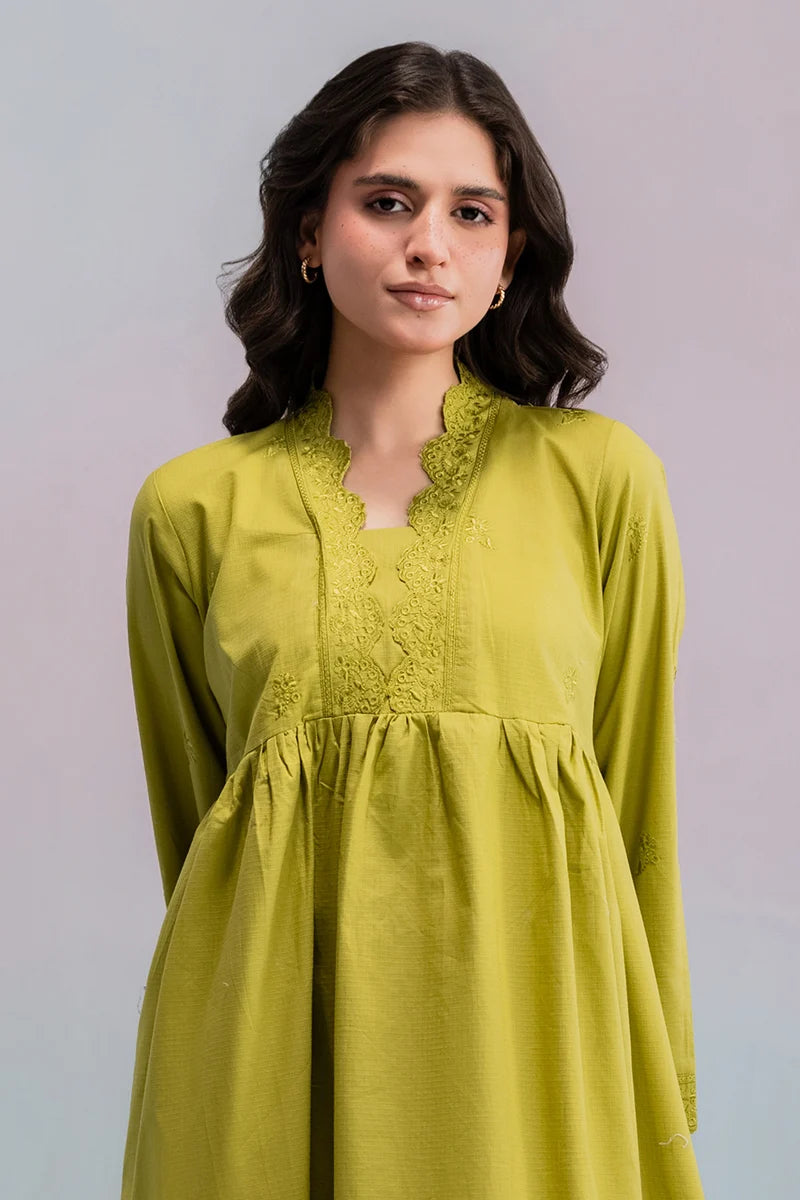 Women's Olive Green Hand-Embroidered Khaddar Maxi Tunic | Scalloped Lace Cuffs | Relaxed Fit