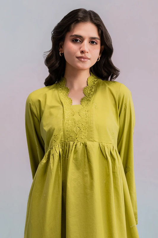 Women's Olive Green Hand-Embroidered Khaddar Maxi Tunic | Scalloped Lace Cuffs | Relaxed Fit