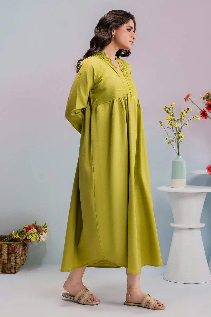 Women's Olive Green Hand-Embroidered Khaddar Maxi Tunic | Scalloped Lace Cuffs | Relaxed Fit