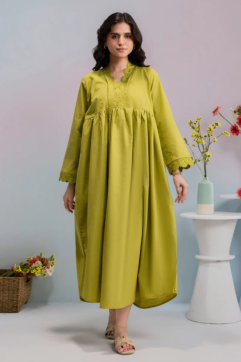 Women's Olive Green Hand-Embroidered Khaddar Maxi Tunic | Scalloped Lace Cuffs | Relaxed Fit