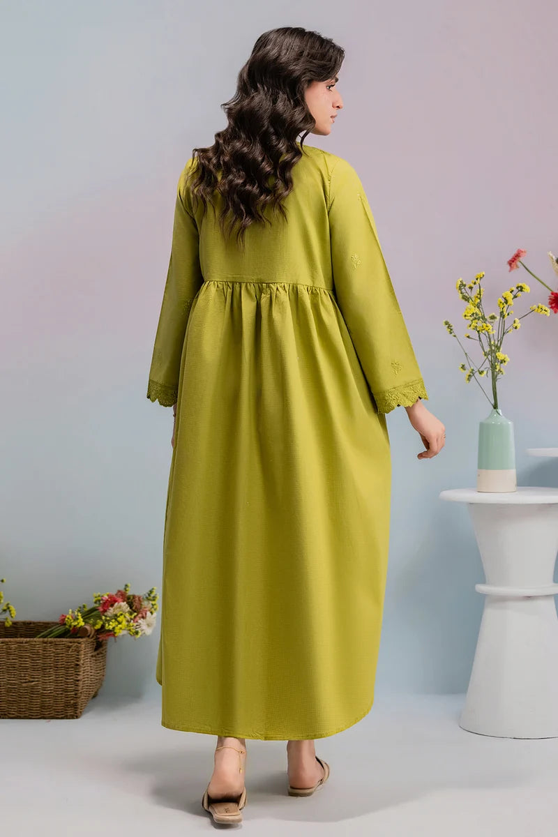 Women's Olive Green Hand-Embroidered Khaddar Maxi Tunic | Scalloped Lace Cuffs | Relaxed Fit