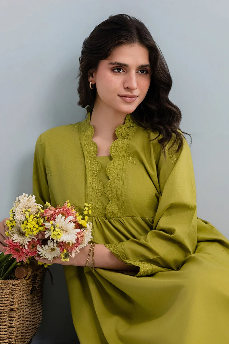 Women's Olive Green Hand-Embroidered Khaddar Maxi Tunic | Scalloped Lace Cuffs | Relaxed Fit