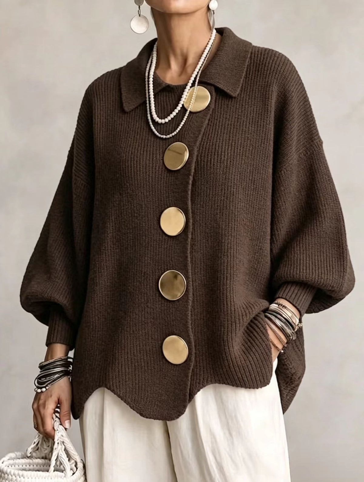 Button-Down Lapel Cardigan - Women's Fall Winter Sweater - side view
