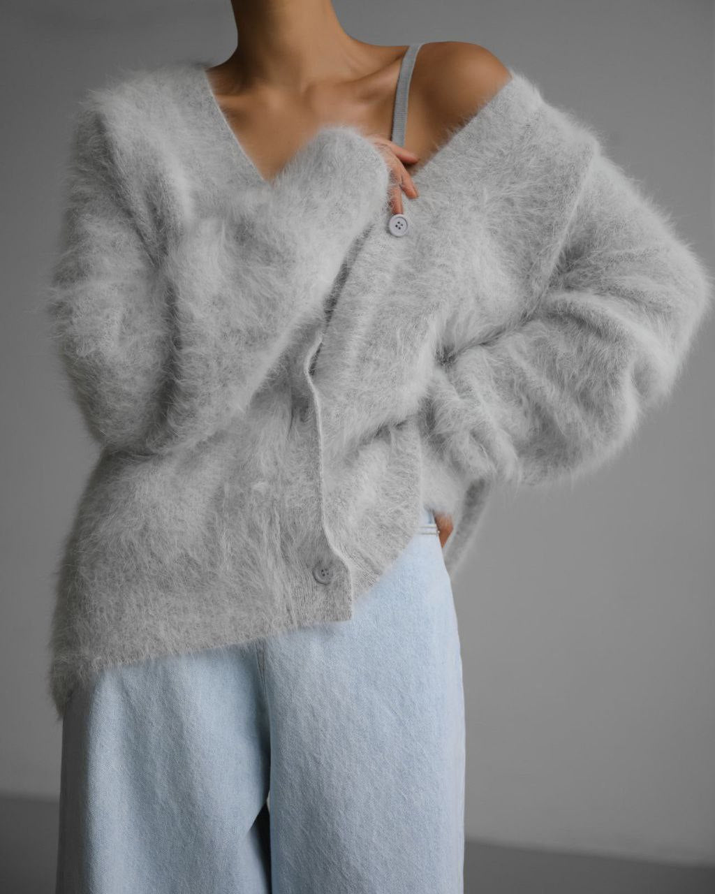 Loose V-Neck Button Cardigan - Knitted Sweater Top - in use