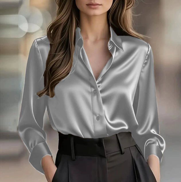 Elegant Satin Long Sleeve Blouse - Button-Up Collar Shirt - packaging