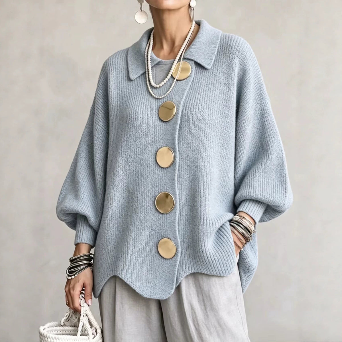 Button-Down Lapel Cardigan - Women's Fall Winter Sweater - in use