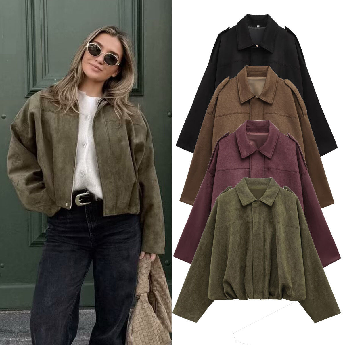 Men's Faux Suede Pilot Jacket - Casual Zip-Up Coat - Army Green - front view