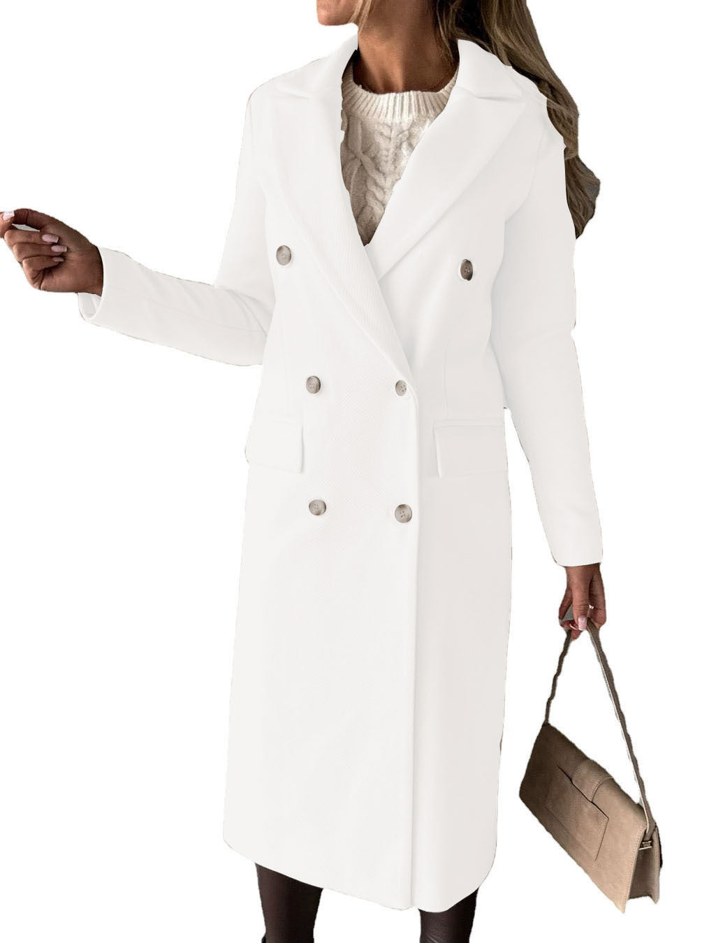 Double-Breasted Lapel Coat - Slim Long Winter Jacket - side view