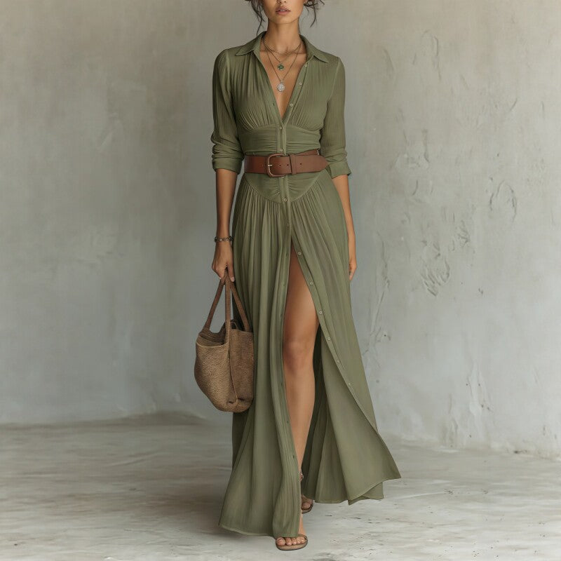 Casual V-Neck Maxi Dress - High Side Split, Loose Fit - packaging