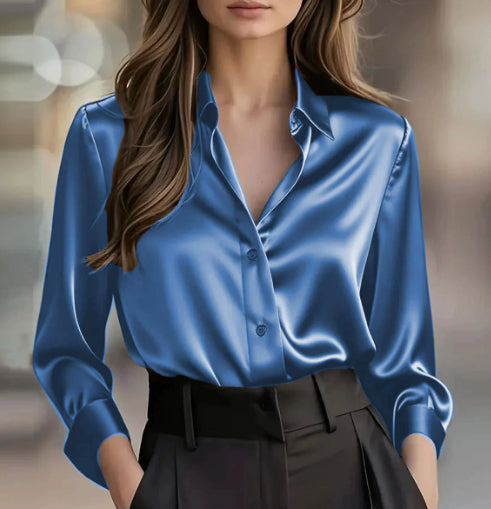 Elegant Satin Long Sleeve Blouse - Button-Up Collar Shirt - front view