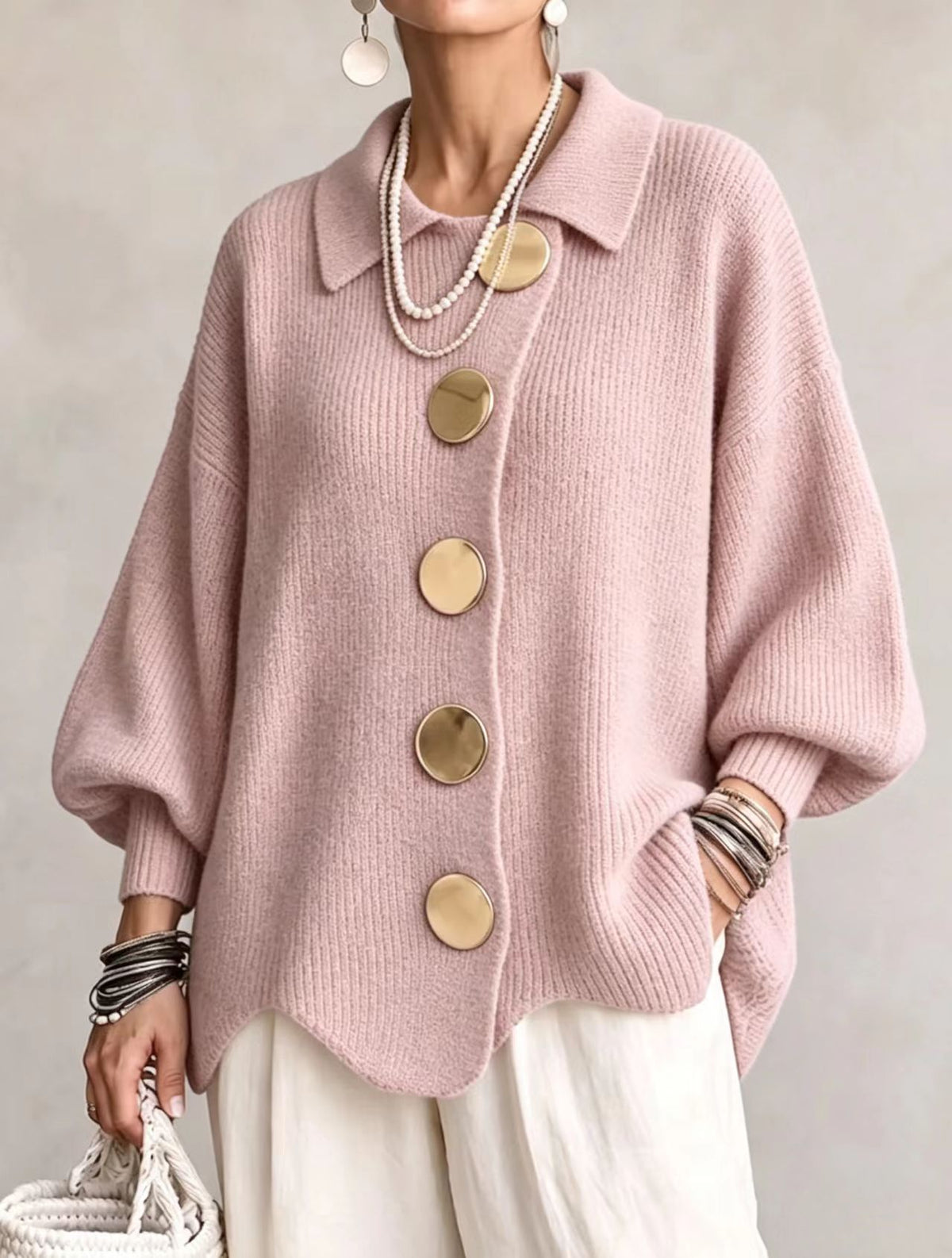 Button-Down Lapel Cardigan - Women's Fall Winter Sweater - back view
