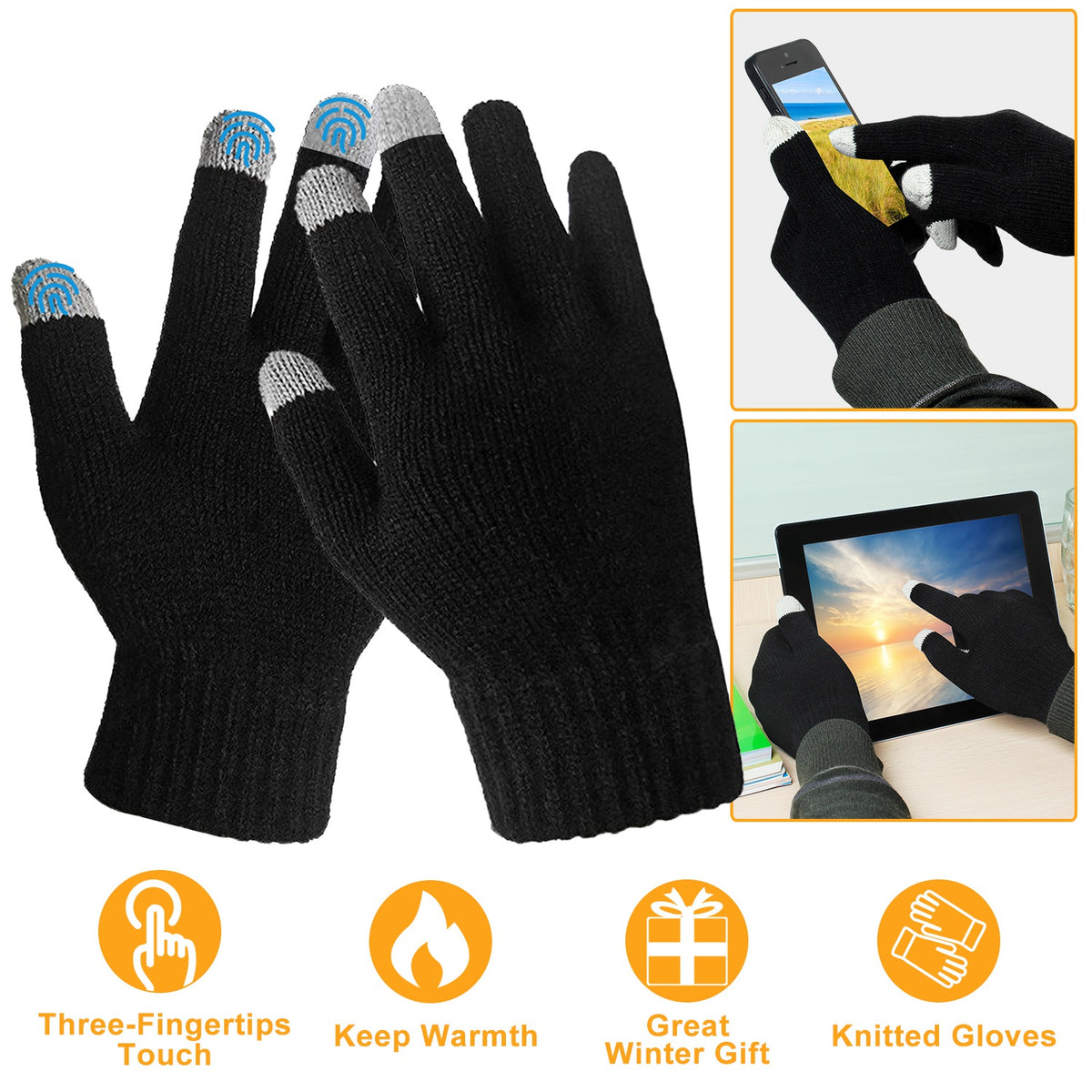 Touch Screen Winter Gloves - Full Finger Knitted - 1Pair Black - front view