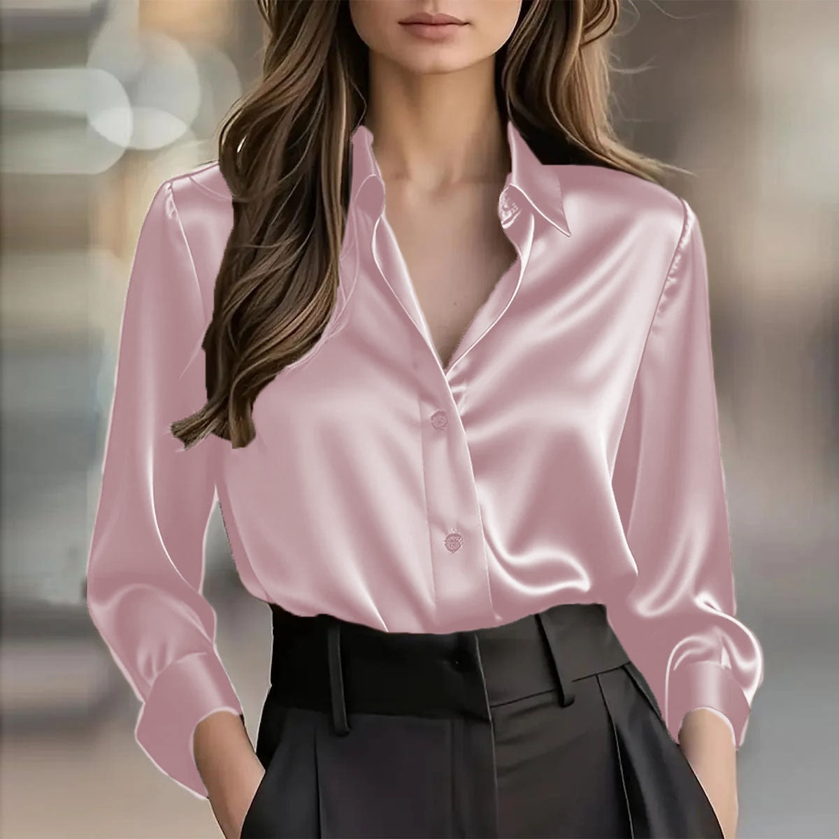 Elegant Satin Long Sleeve Blouse - Button-Up Collar Shirt - side view