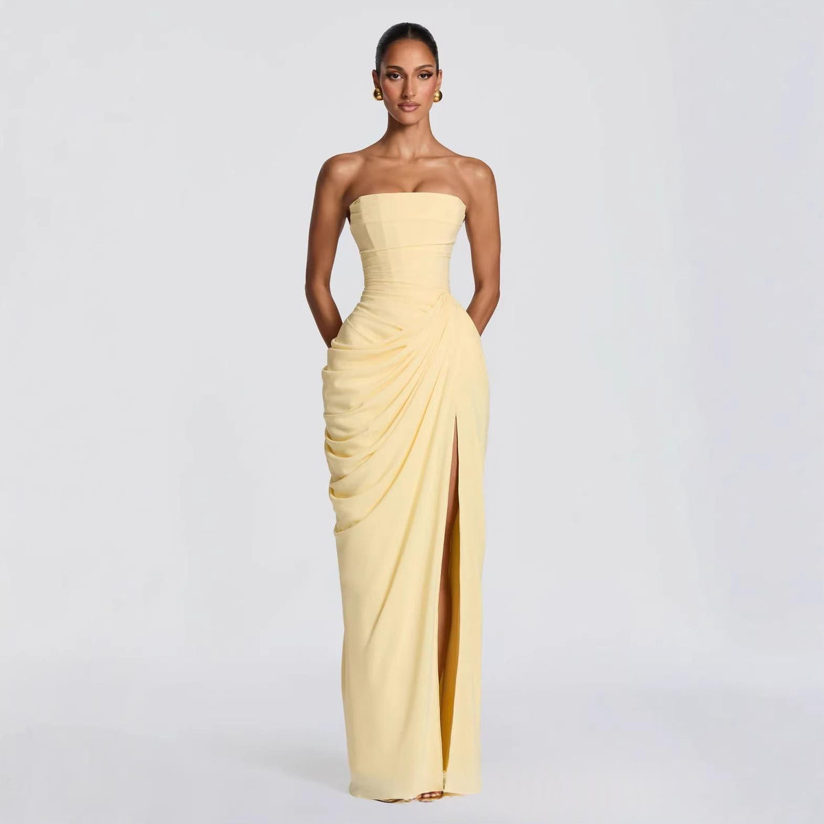 Strapless Pleated Slit Evening Gown - Elegant Party Dress - packaging