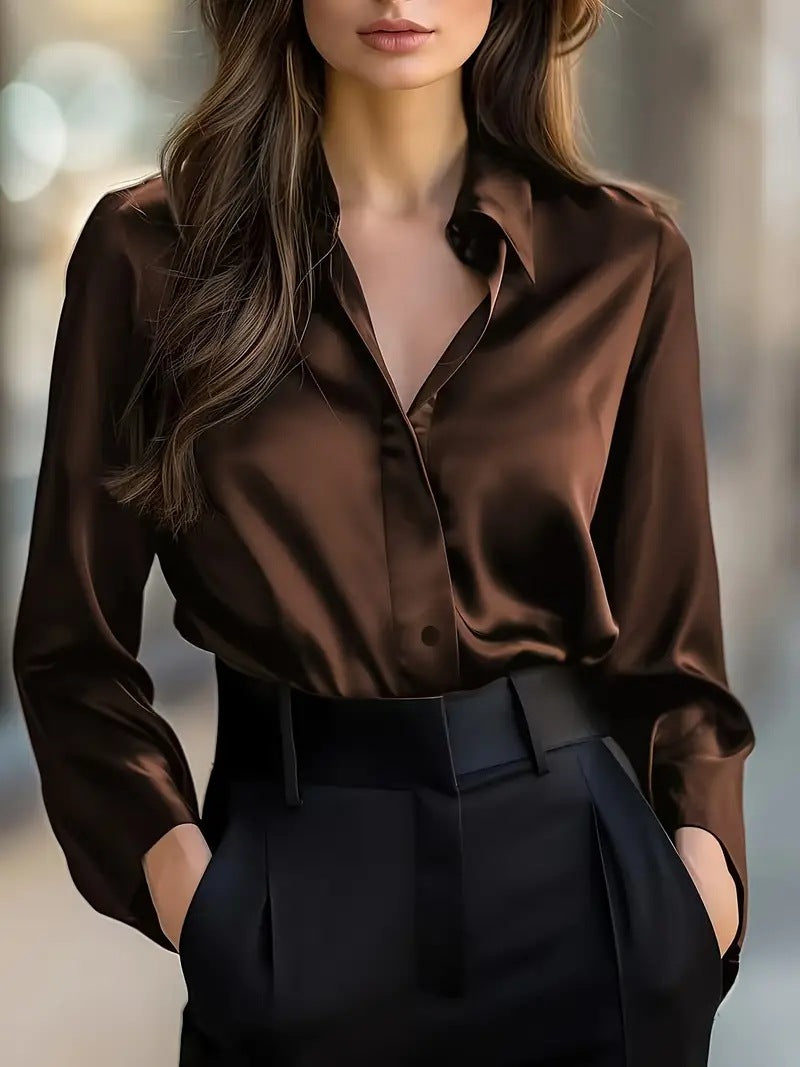 Elegant Satin Long Sleeve Blouse - Button-Up Collar Shirt - lifestyle photo