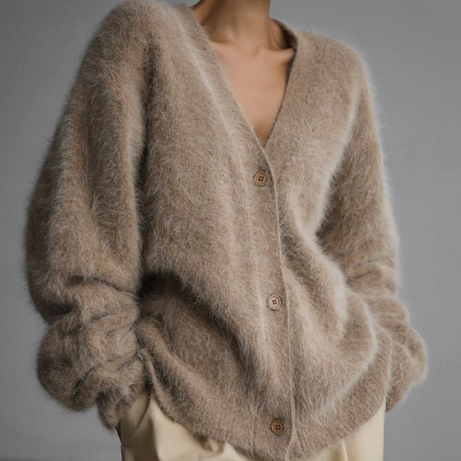Loose V-Neck Button Cardigan - Knitted Sweater Top - side view