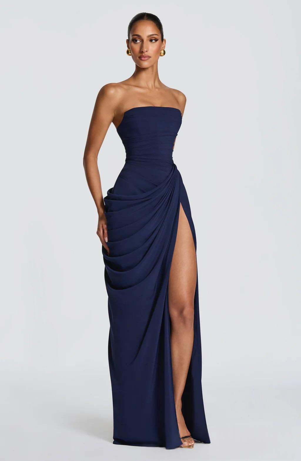 Strapless Pleated Slit Evening Gown - Elegant Party Dress - size chart