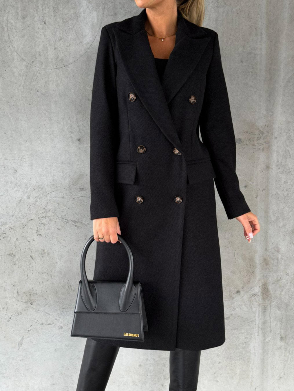 Double-Breasted Lapel Coat - Slim Long Winter Jacket - in use