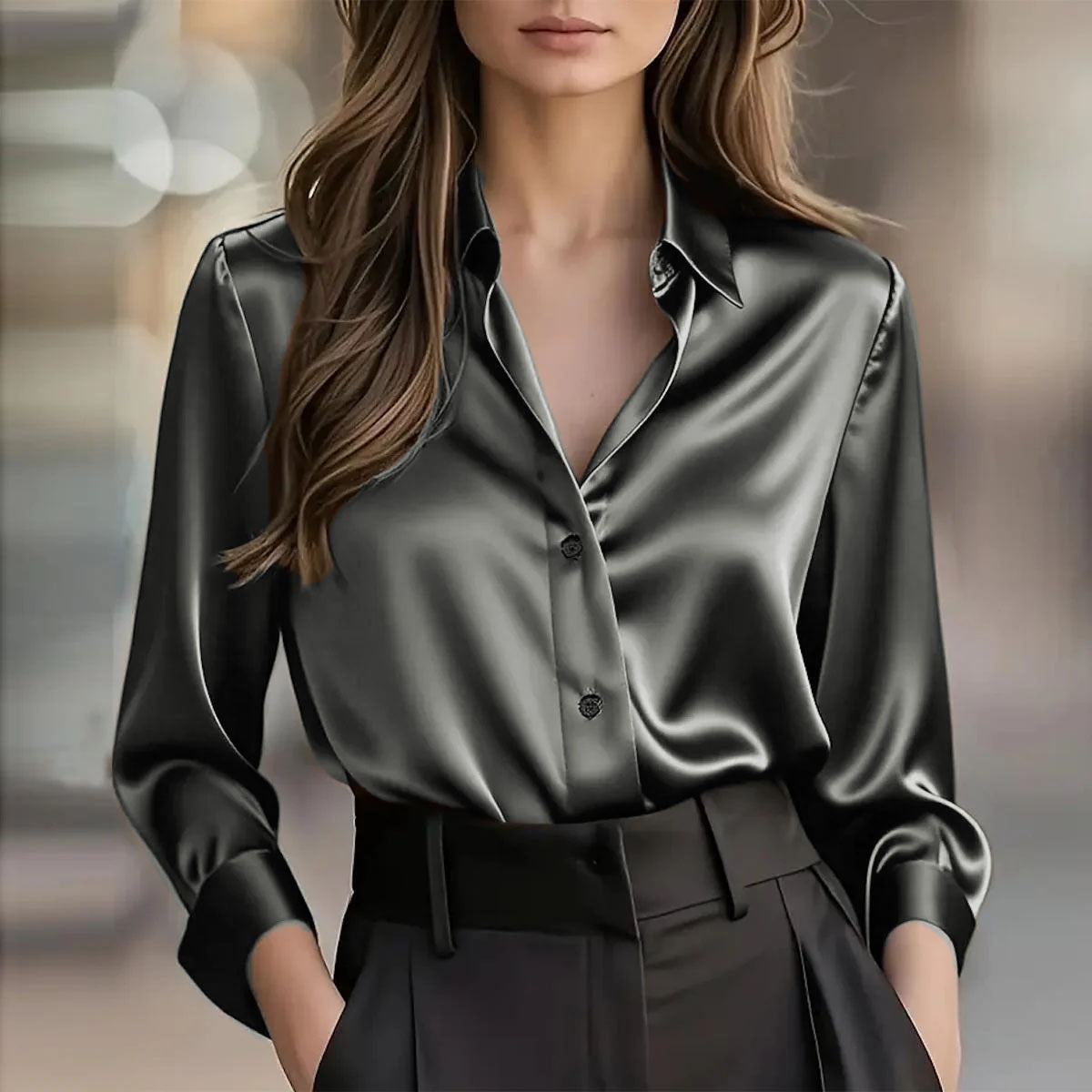 Elegant Satin Long Sleeve Blouse - Button-Up Collar Shirt - lifestyle photo