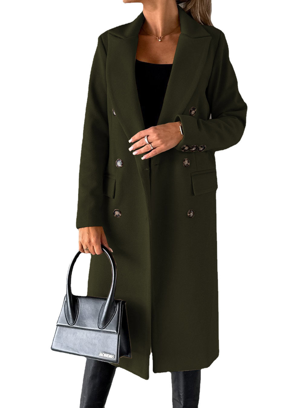 Double-Breasted Lapel Coat - Slim Long Winter Jacket - close-up detail