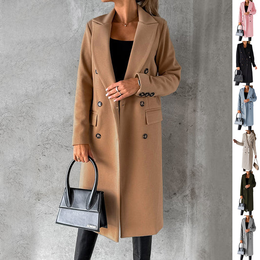 Double-Breasted Lapel Coat - Slim Long Winter Jacket - Army Green - front view