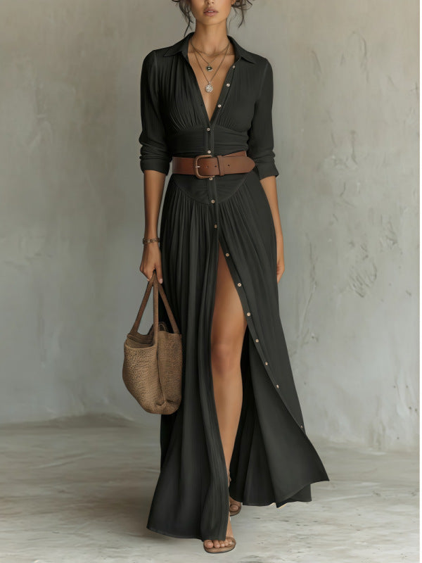Casual V-Neck Maxi Dress - High Side Split, Loose Fit - color options