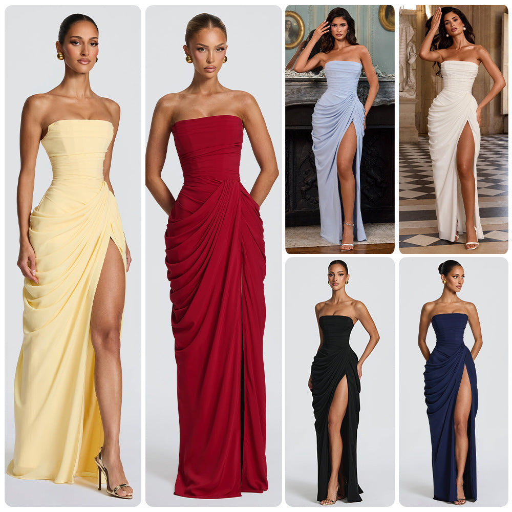 Strapless Pleated Slit Evening Gown - Elegant Party Dress - Black - front view
