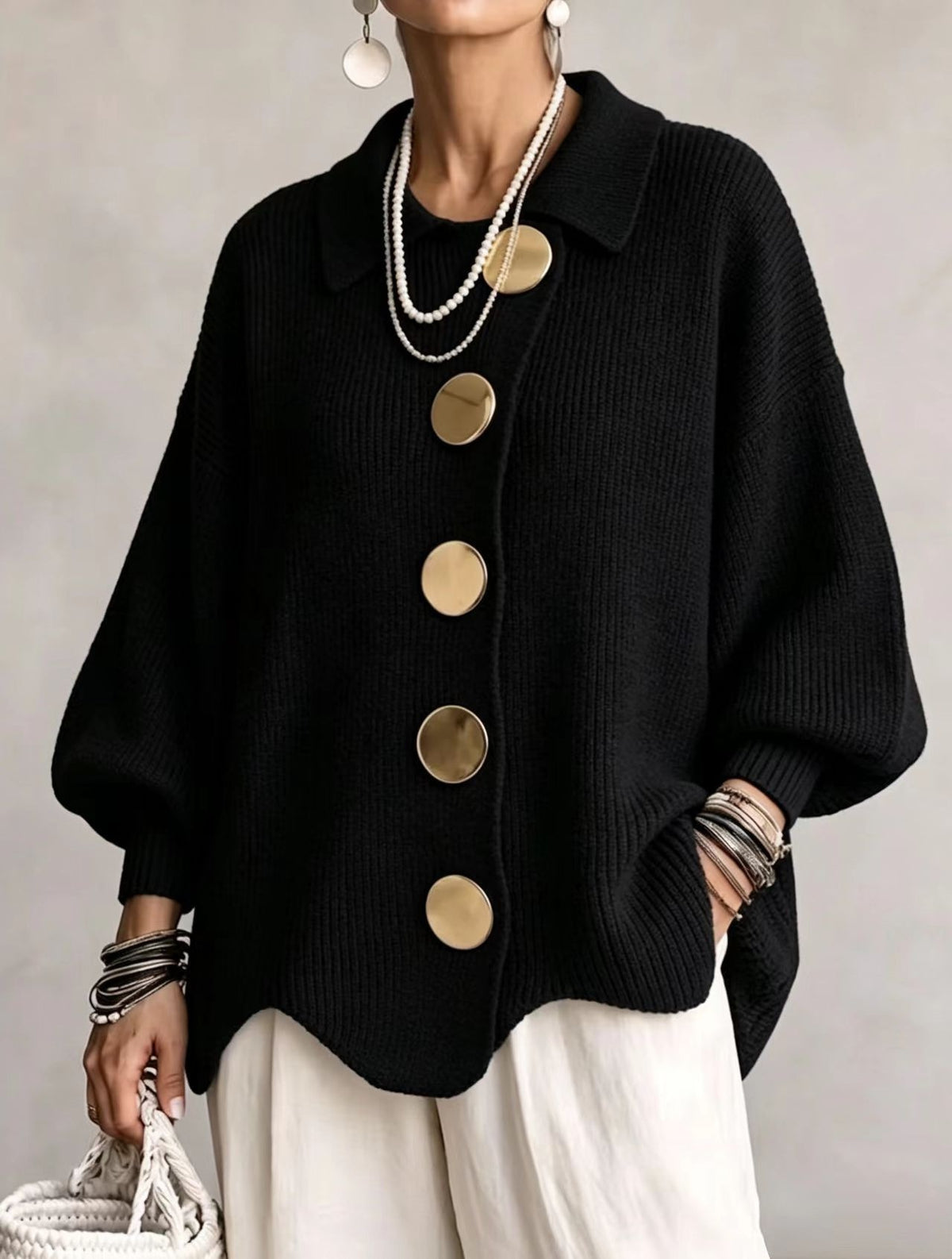Button-Down Lapel Cardigan - Women's Fall Winter Sweater - front view