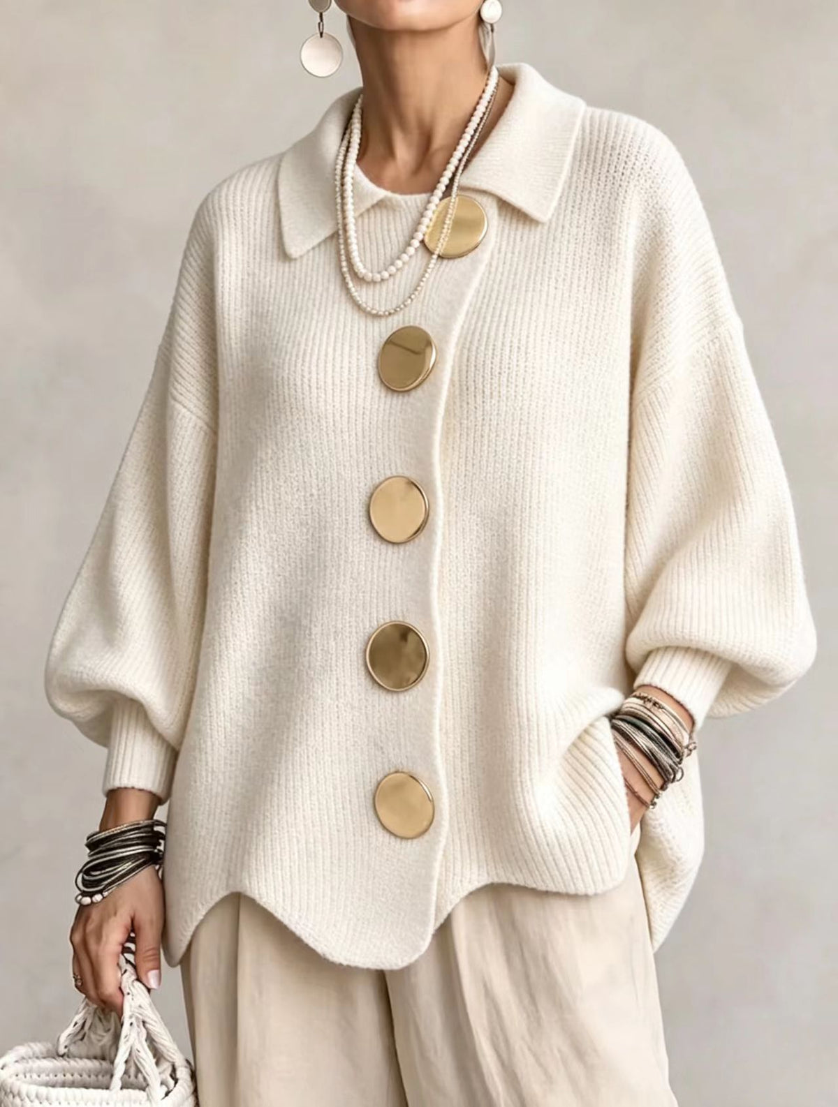 Button-Down Lapel Cardigan - Women's Fall Winter Sweater - close-up detail