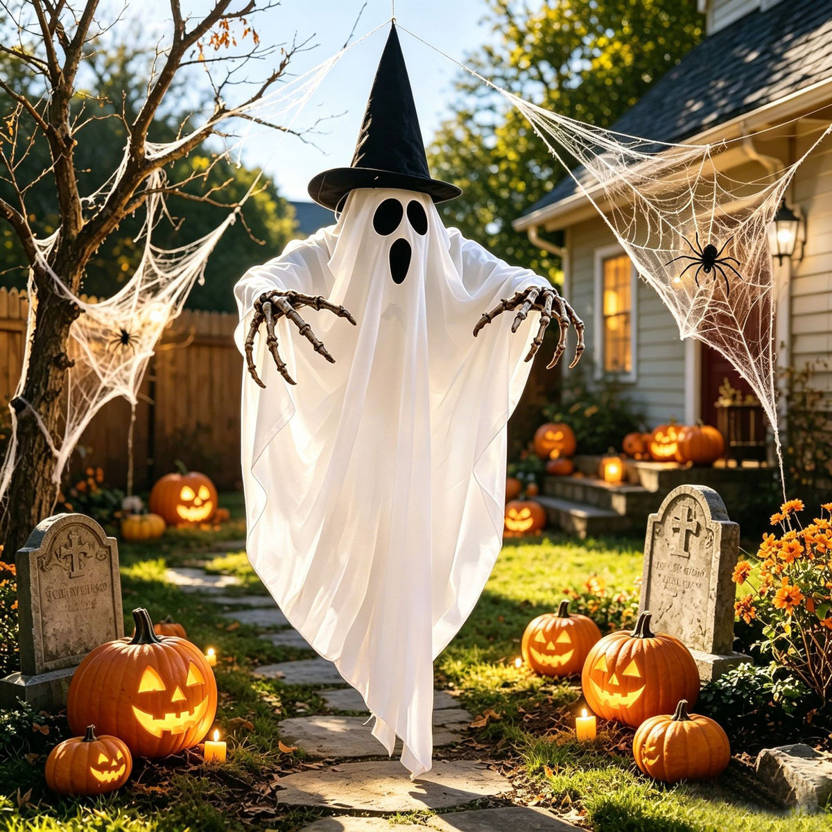 Glowing Ghost Skull Wizard Hat - Halloween Decoration - side view