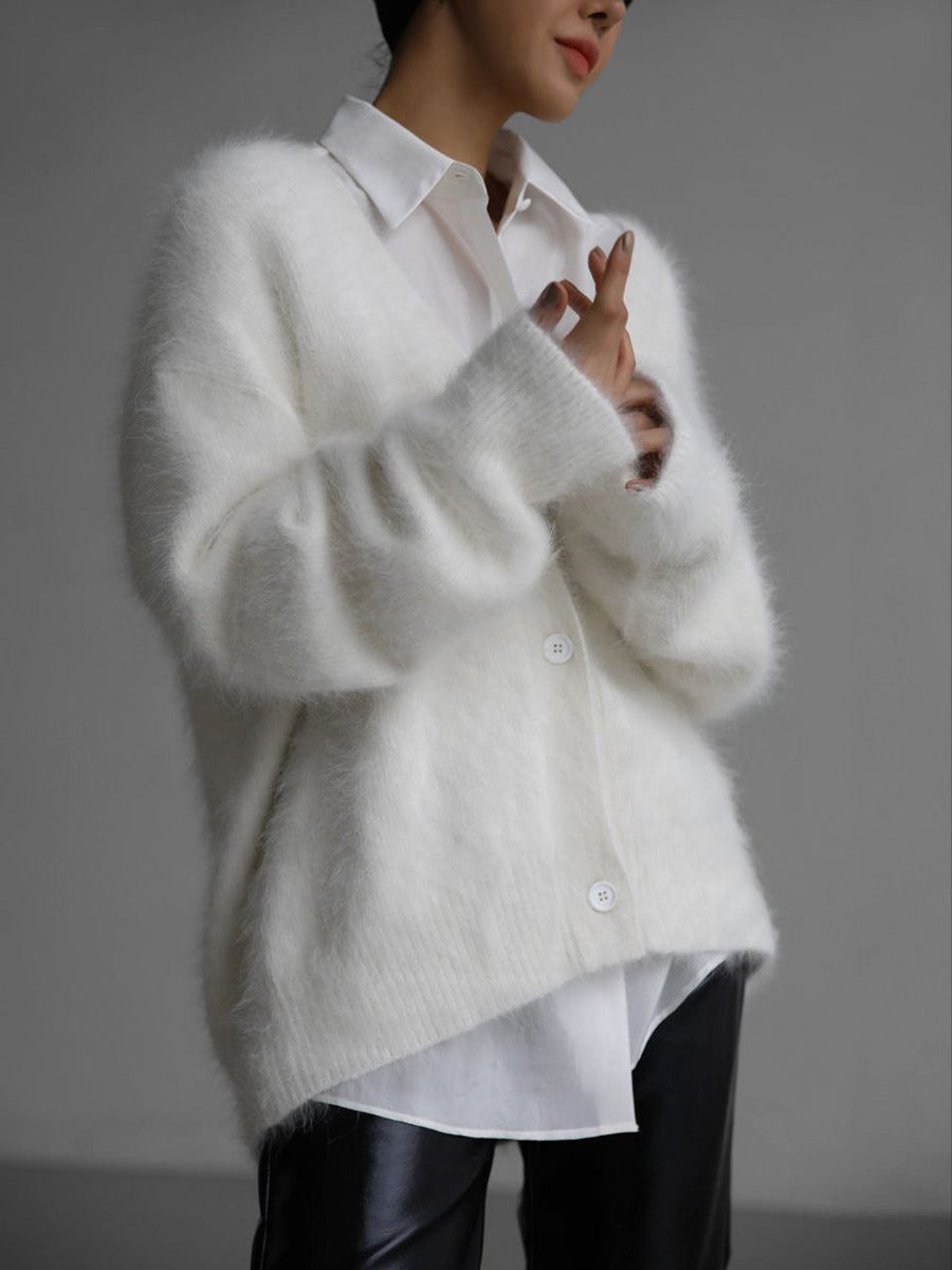 Loose V-Neck Button Cardigan - Knitted Sweater Top - back view