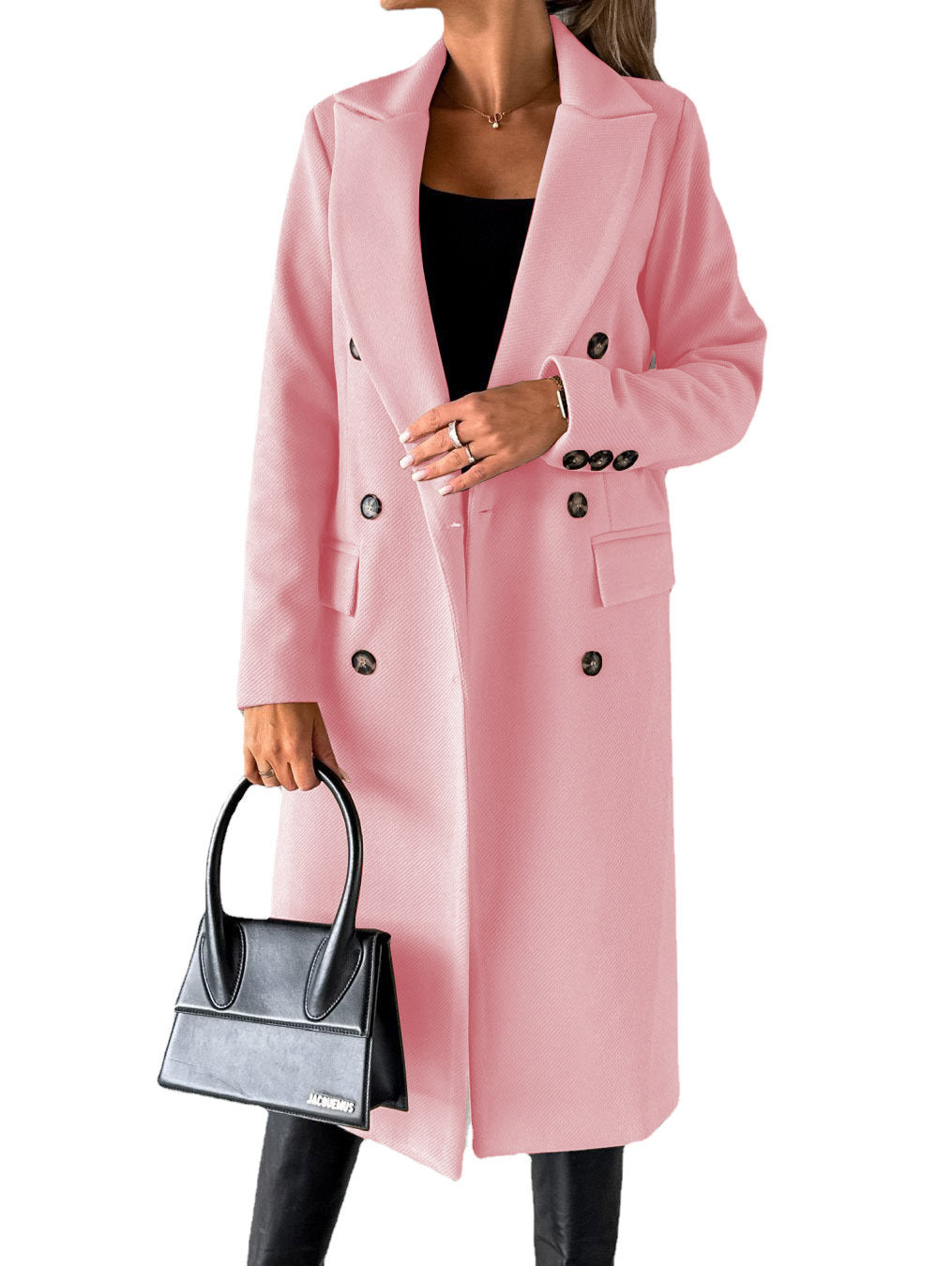 Double-Breasted Lapel Coat - Slim Long Winter Jacket - close-up detail