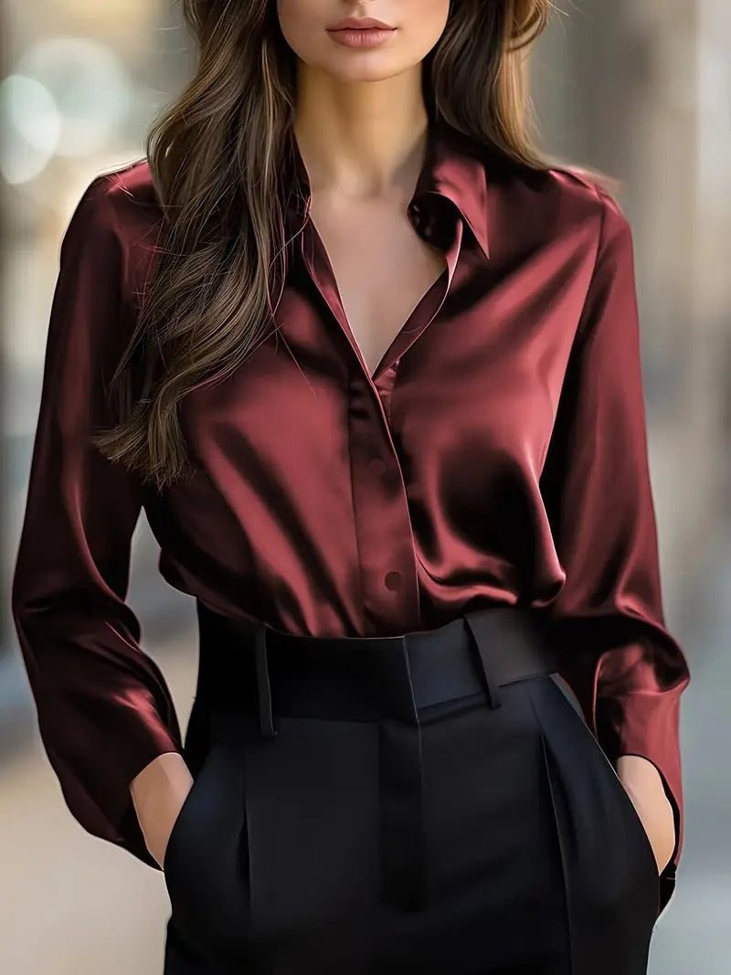 Elegant Satin Long Sleeve Blouse - Button-Up Collar Shirt - color options