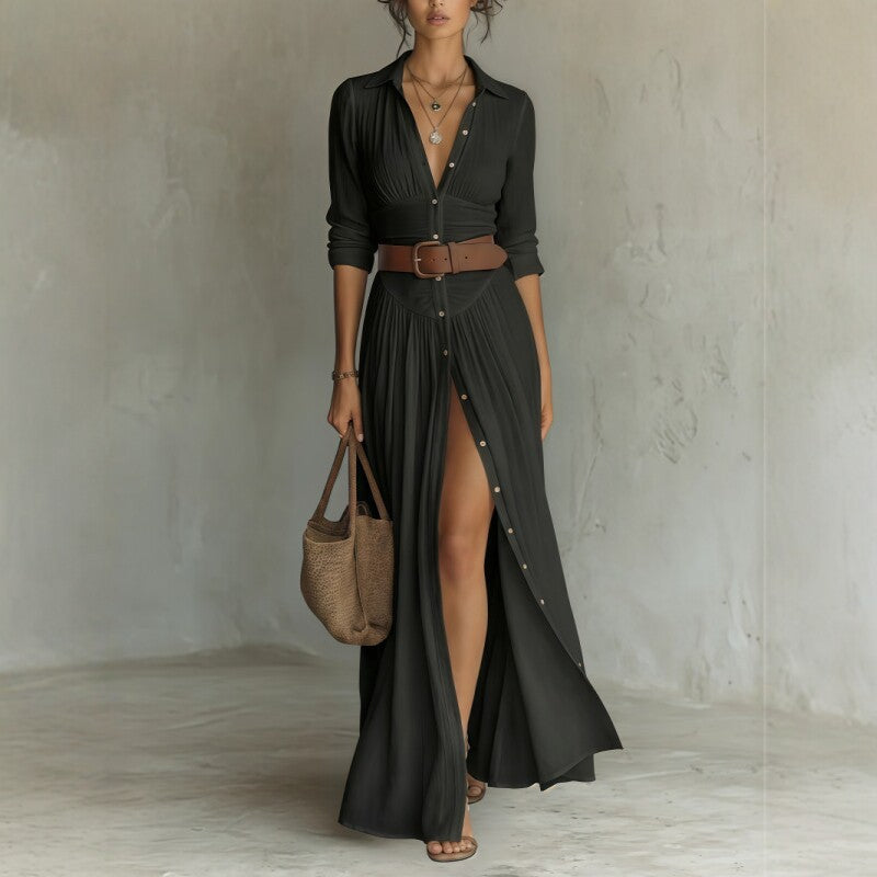 Casual V-Neck Maxi Dress - High Side Split, Loose Fit - close-up detail