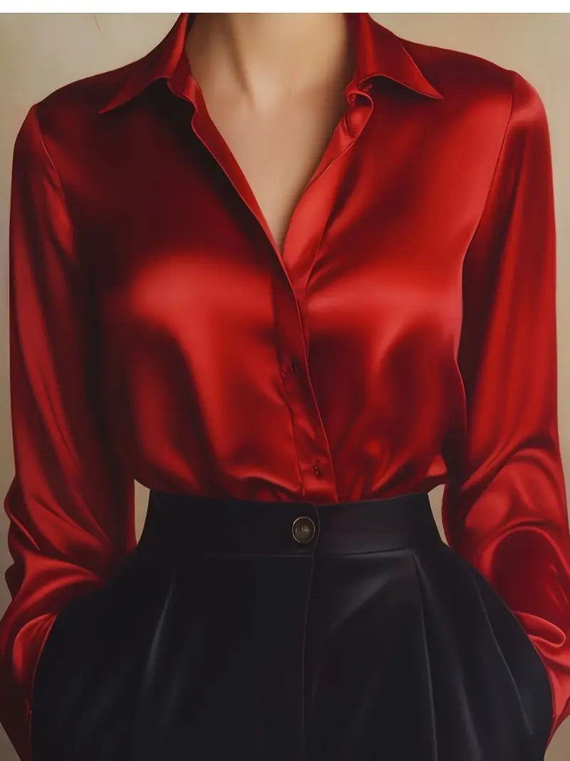 Elegant Satin Long Sleeve Blouse - Button-Up Collar Shirt - close-up detail
