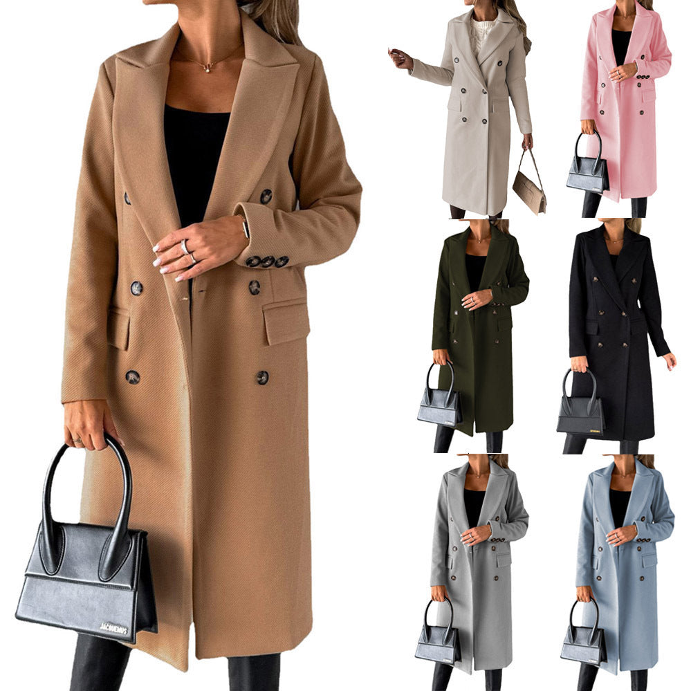 Double-Breasted Lapel Coat - Slim Long Winter Jacket - side view