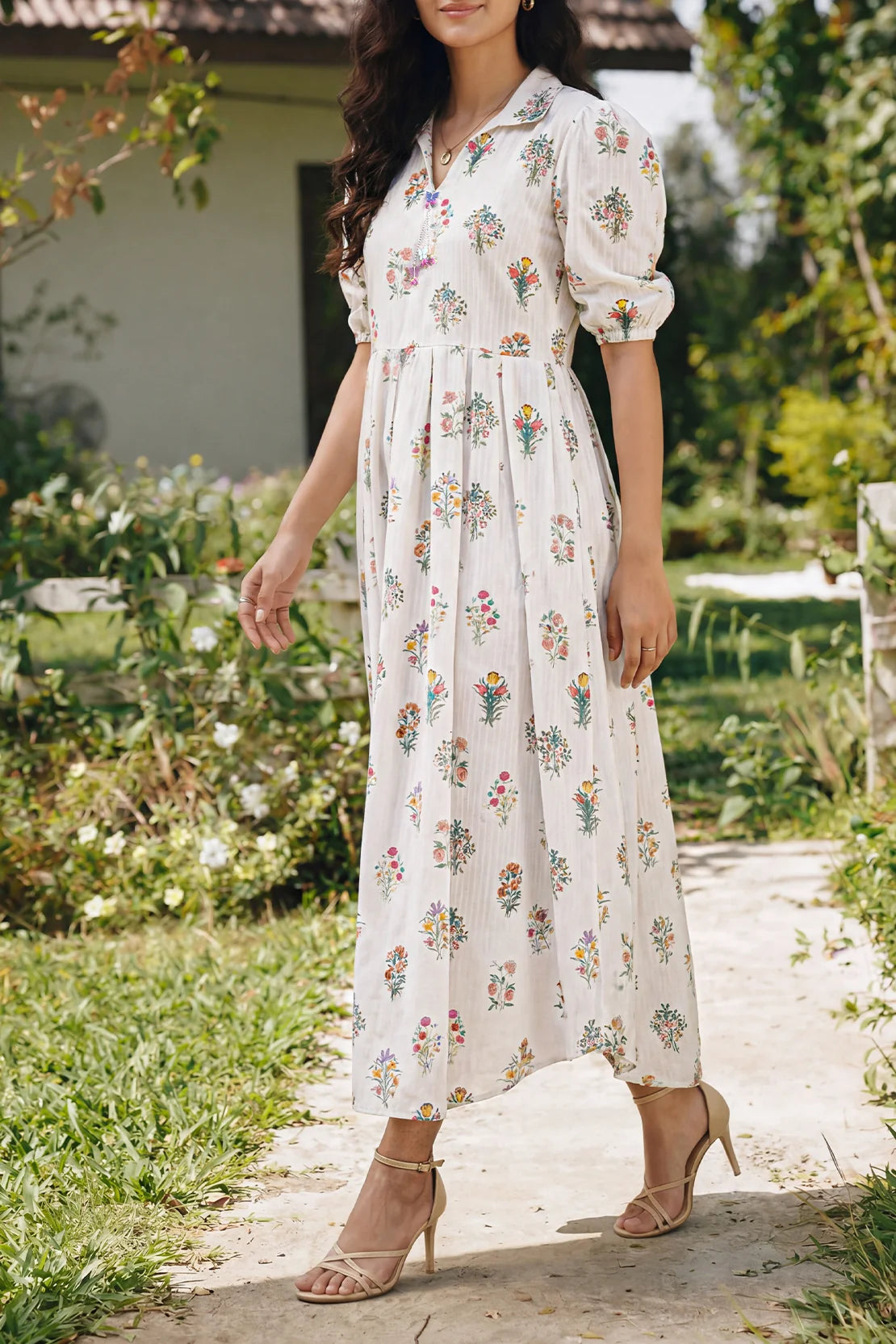 Women's Cream Floral Bouquet Print Cotton Maxi Tunic | Collared Neckline | Puff Sleeves