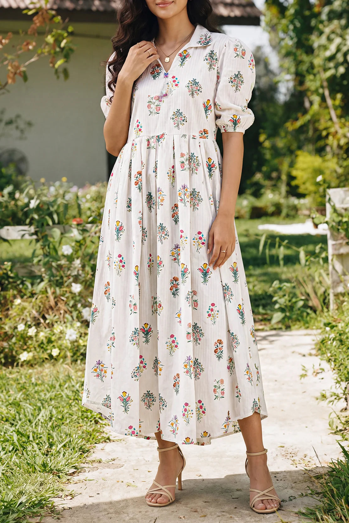 Women's Cream Floral Bouquet Print Cotton Maxi Tunic | Collared Neckline | Puff Sleeves