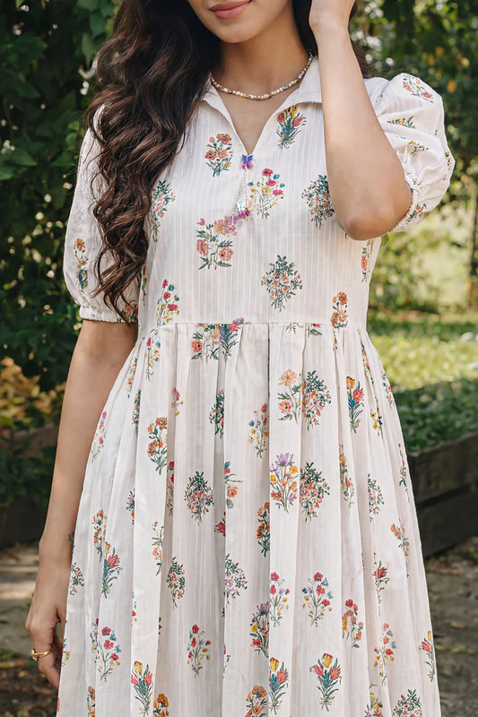 Women's Cream Floral Bouquet Print Cotton Maxi Tunic | Collared Neckline | Puff Sleeves