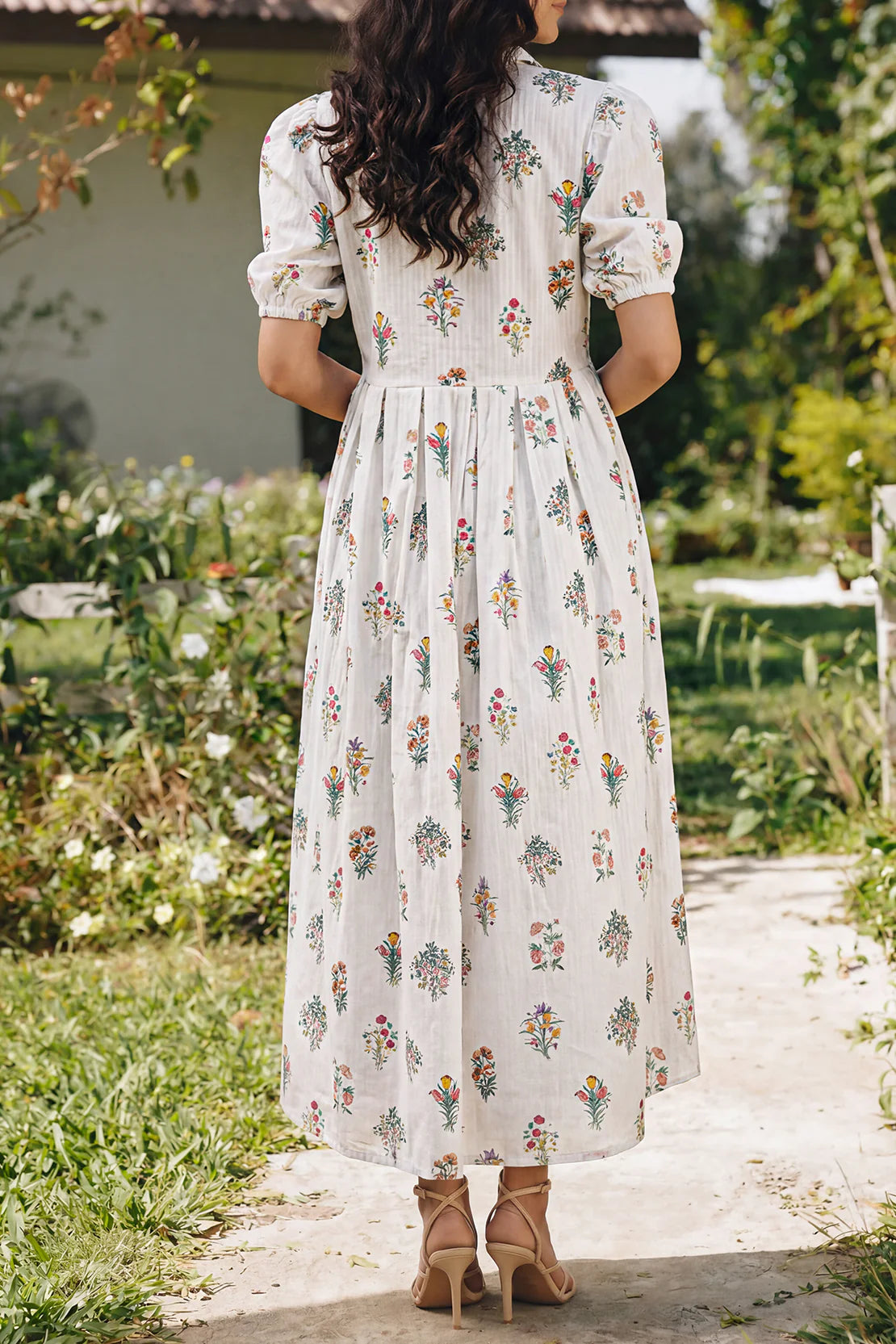 Women's Cream Floral Bouquet Print Cotton Maxi Tunic | Collared Neckline | Puff Sleeves