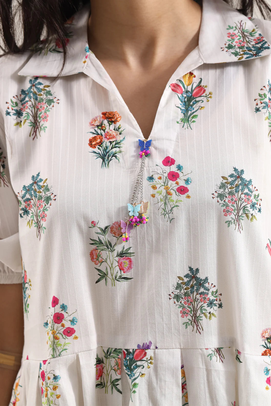 Women's Cream Floral Bouquet Print Cotton Maxi Tunic | Collared Neckline | Puff Sleeves